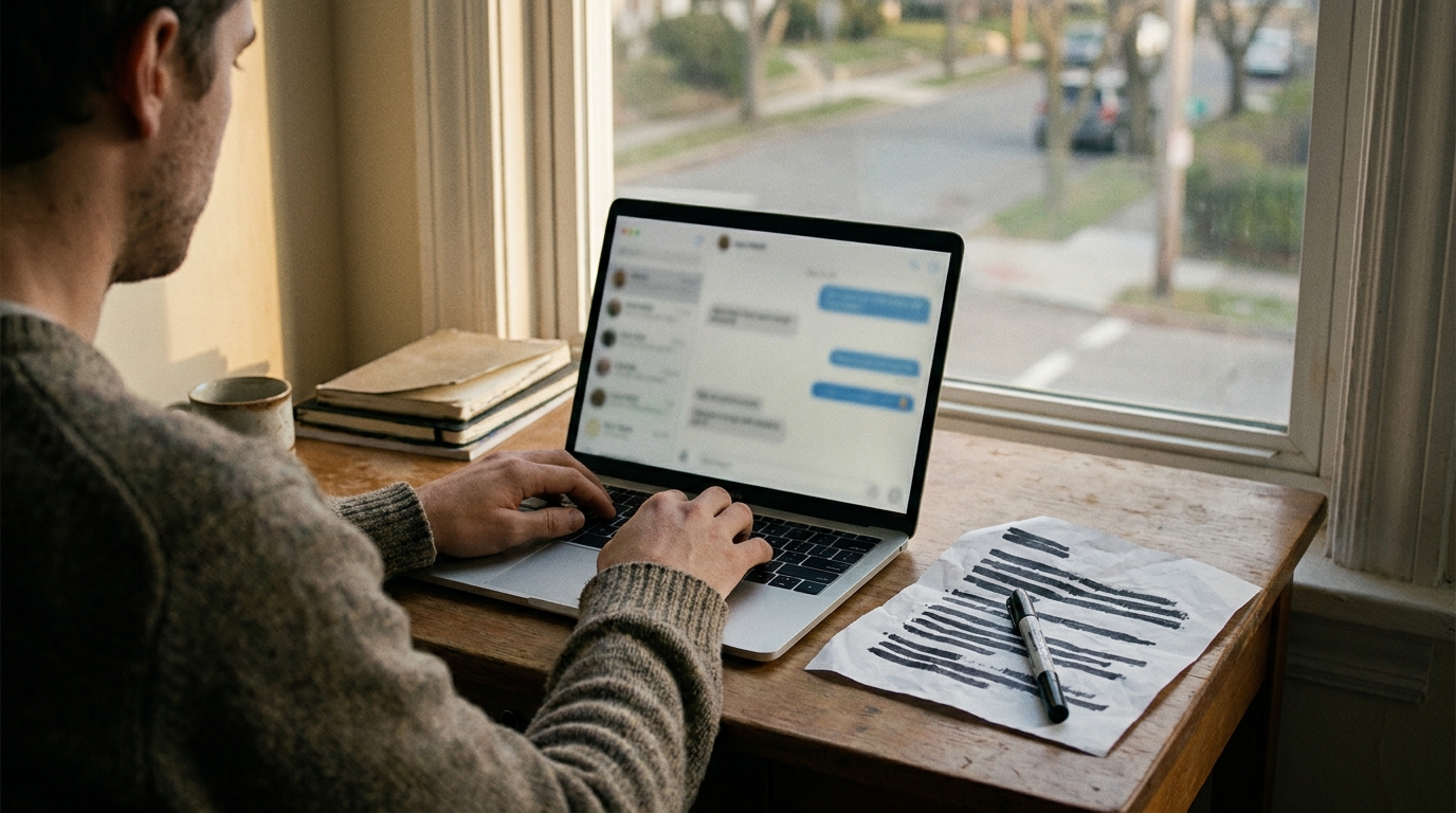 Over-the-shoulder photo of a person typing on a laptop with a chat conversation on screen; beside the laptop, a printed donor list with the names blacked out in marker — real names stay on paper, only placeholders go into the chat.
